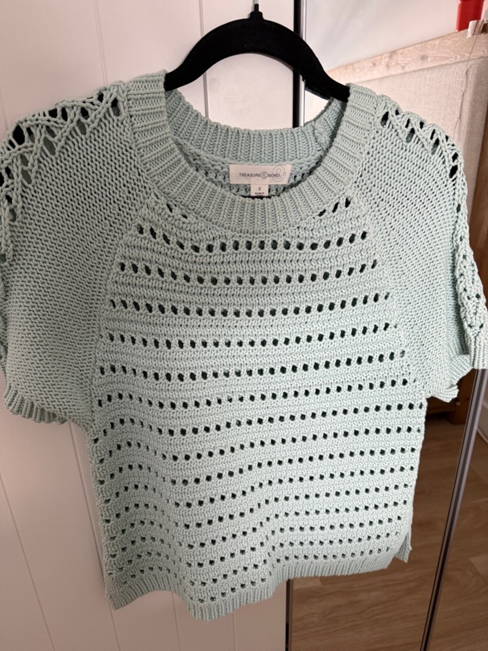 Treasure & Bond Light Mint Open-Knit Short Sleeve Sweater